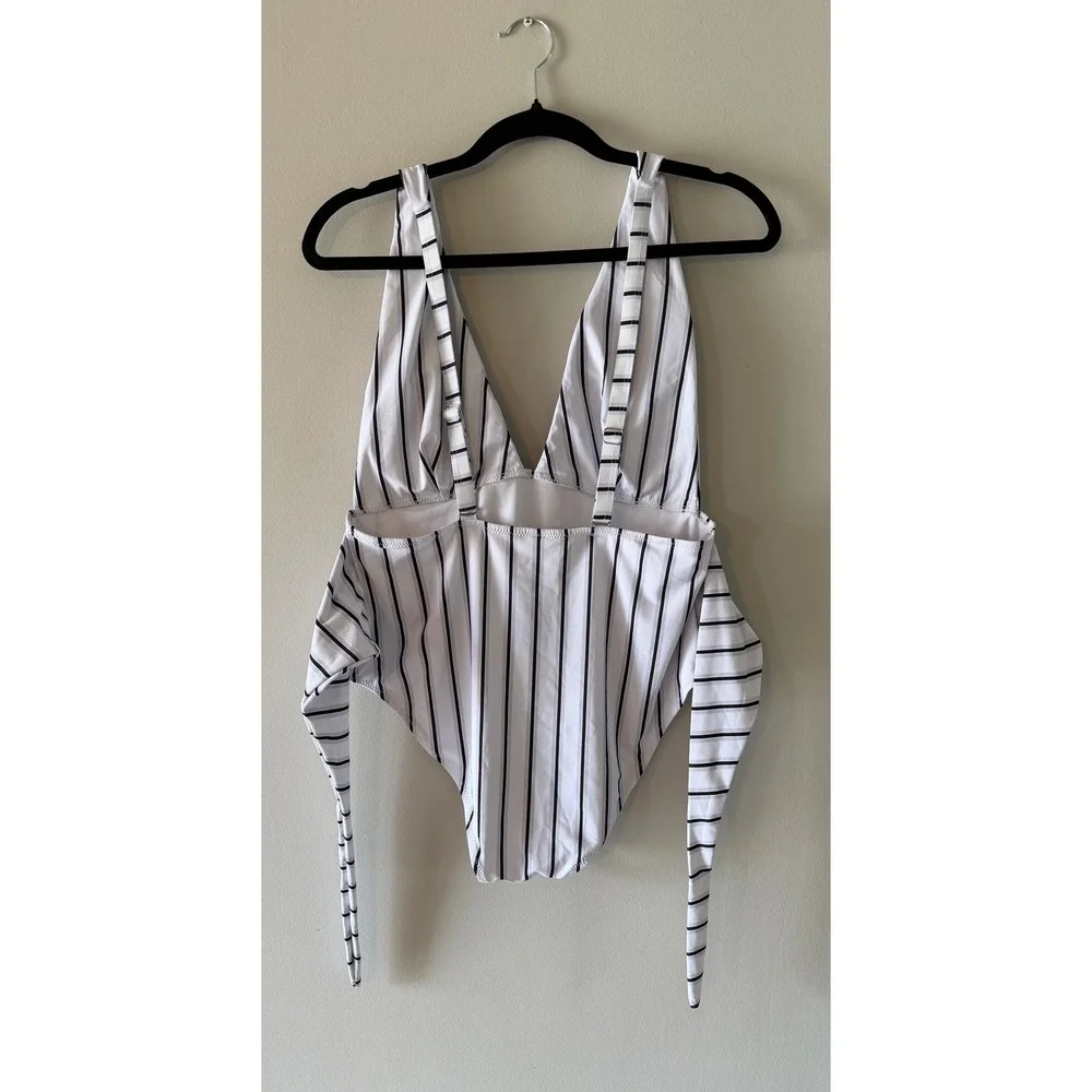 Cupshe White Black and lilac Striped Deep V-Neck Tie Waist One Piece Swimsuit